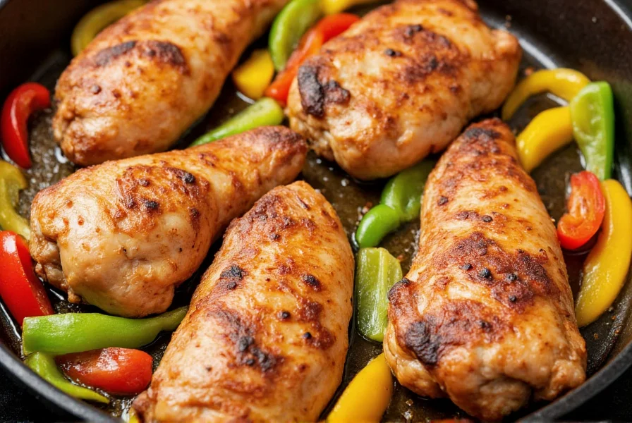 Perfectly seared chicken pieces with colorful bell peppers in a cast iron skillet showing golden browning