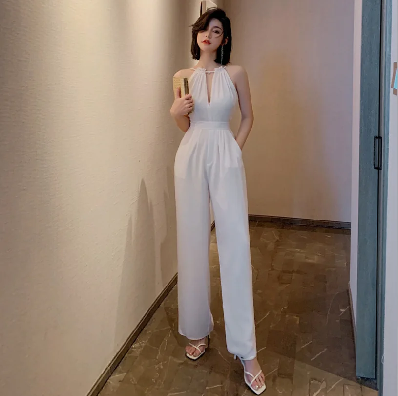 

Summer Fashion Style Casual Backless Halter V-neck Jumpsuits Wide Legs Sexy for Women Hollowed Out Dress Pants Chiffon Jumpsuit