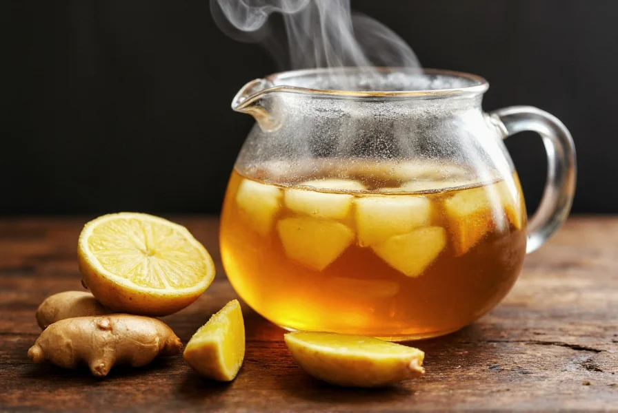 Fresh ginger root sliced and steeping in clear teapot with steam rising, close-up photography