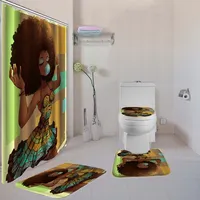

African 4pc Shower Curtain Sets with Non-Slip Rugs,Toilet Lid Cover and Bath Mat, African American Woman Shower Curtains