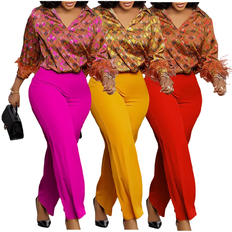 D541 Trendy Ladies Suits Office Wear Outfits for Women Long Sleeve Printed Shirt and Wide Leg Pants Two Piece Set for Women