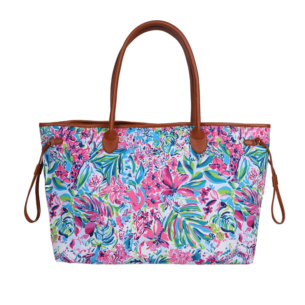 

Wholesale Beach Floral Lily Printed Fashion Lady Handbag Tote Women Canvas Weekender Tote Bag Female Overnight Shoulder Bag, As pics