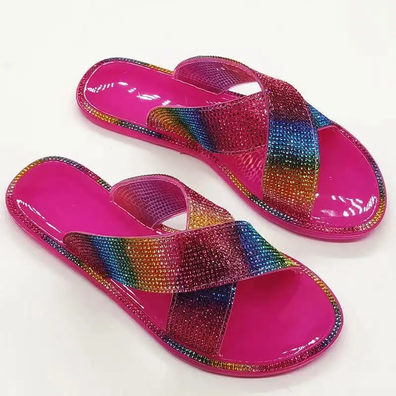 

2021 new arrival rainbow rhinestone fashion OL flat slides slip on slippers amazon ins hot sale sandals, As picture