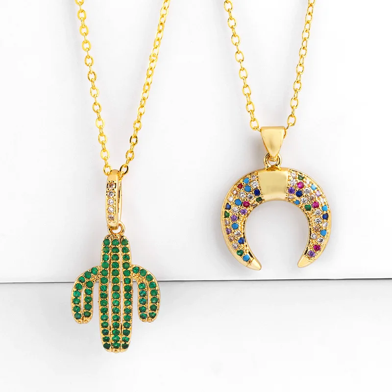

Newest Green Cubic Zircon Men's Charms Necklace Fashion Plant Hip Hop Jewelry Iced Out Moon Cactus Pendant Necklace