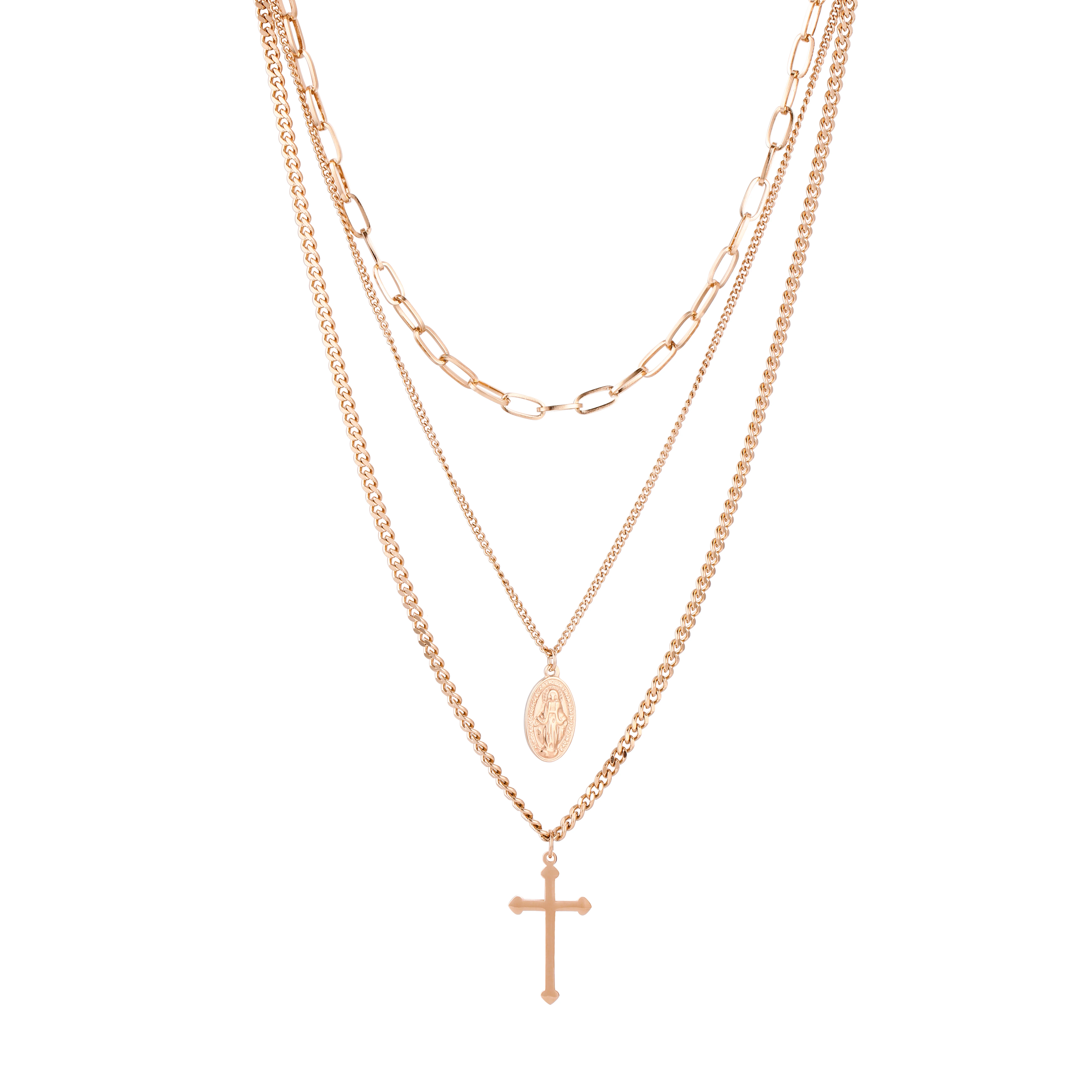 

Stainless Steel Gold Plated Chain 3 Multi Layered Women Men Virgin Mary Jesus Cross Pendant Necklace, Picture shows