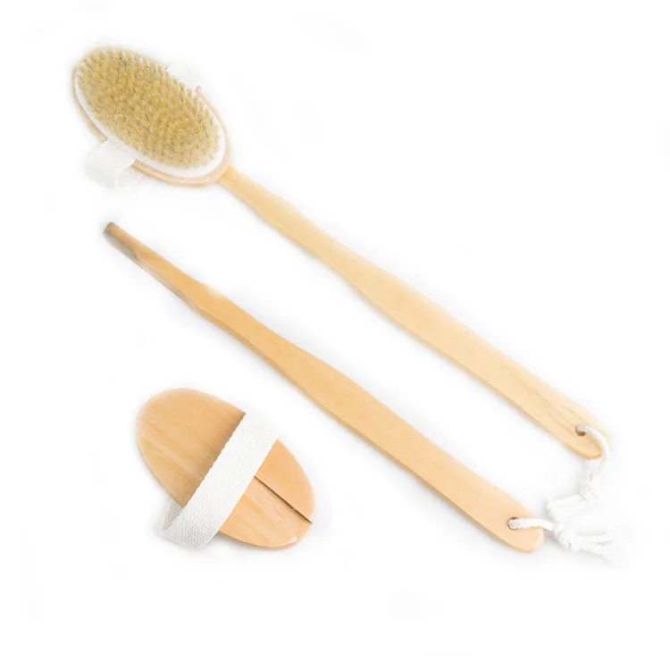 

Long Removable Handle Wooden Cactus Massage Dry Skin Nature Bristle Scrubber Body Lash Tiny Shower Brushes Sisal Oval Bath Brush, Wood color