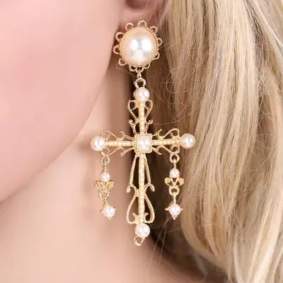 

HOVANCI Unique Design Pearl Cross Dangle Earring Exaggerated Gold Plated Cross Pearl Tassel Earring