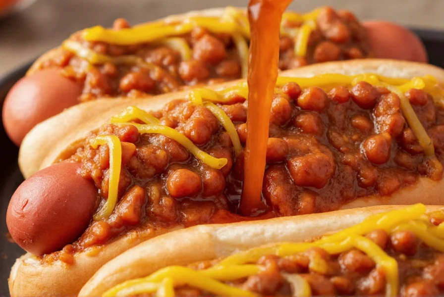 Close-up of rich red hot dog chili being poured over steamed hot dogs in buns with onion and mustard