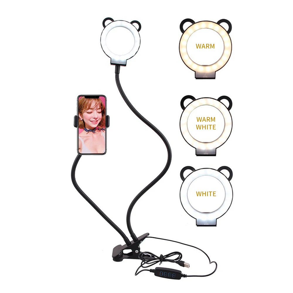 

2021 latest 3.5 inch LED USB power supply selfie ring light photography lighting live streaming flexible long arm phone holder