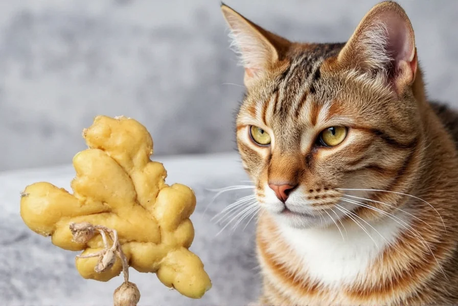 Close-up of a concerned cat owner checking their kitchen counter for spilled ginger while their cat watches nearby