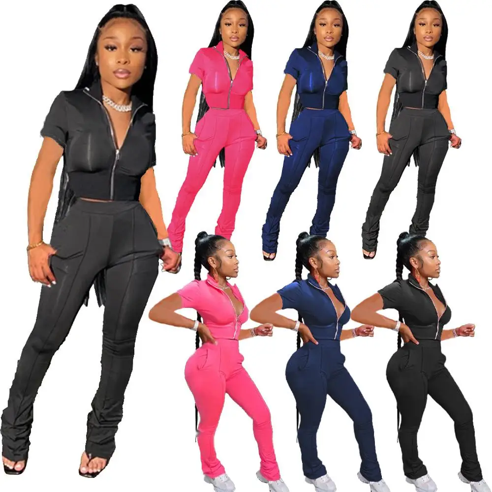 

EB-2022 new21011641 Woman Clothing Sweat Stacked Pants Track Suits Ladies Sport Tracksuit Casual Joggers 2 Piece Set Women