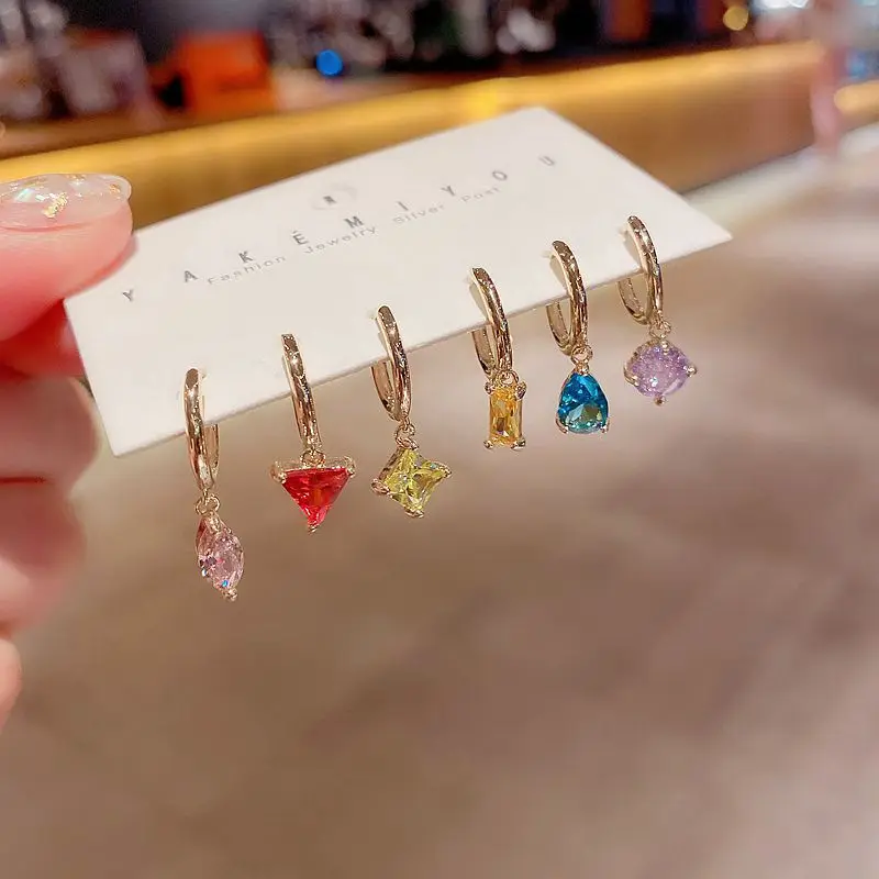 

PINXUN 6pcs Dainty Color Zircon Hoop Earring Set for Women Asymmetric Geometric Shape Earrings Gold Color Jewelry