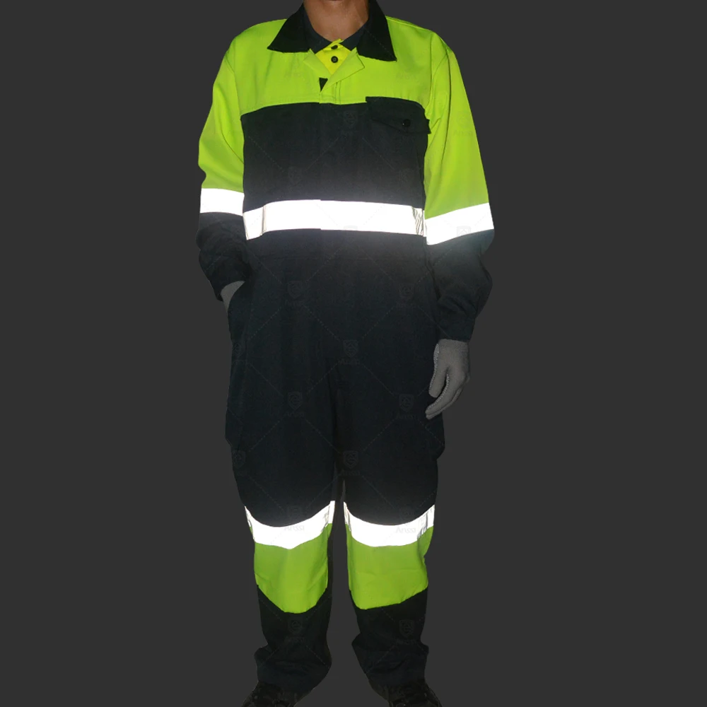 High Visibility Yellow Safety Work Overalls Mens Security Coveralls With Reflective Tapes And