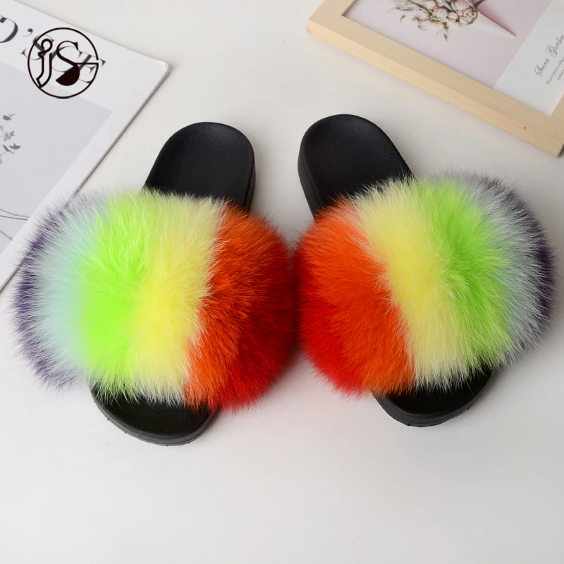 

2021 Hot Design Various styles fur sandals plush comfy outdoor slides for women Real Fox comfy furry slippers, Picture