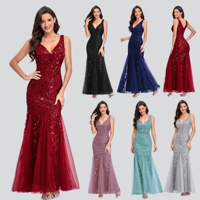 

Sexy slim V-neck embroidered sequins fishtail bridesmaid dress wedding, Customized color