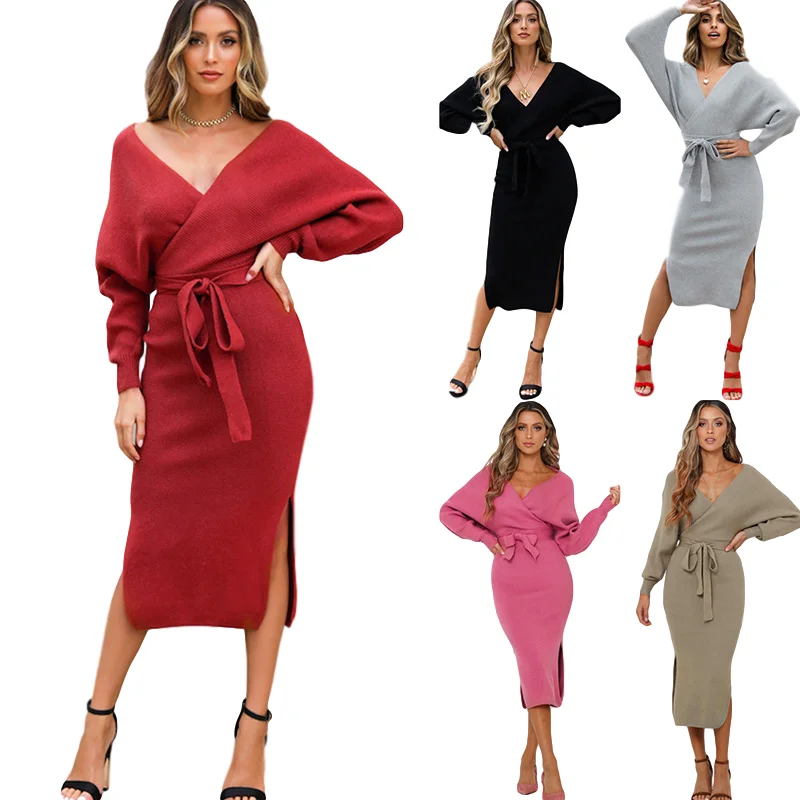 

China manufactory v neck sweater dresses winter knitted dress for lady