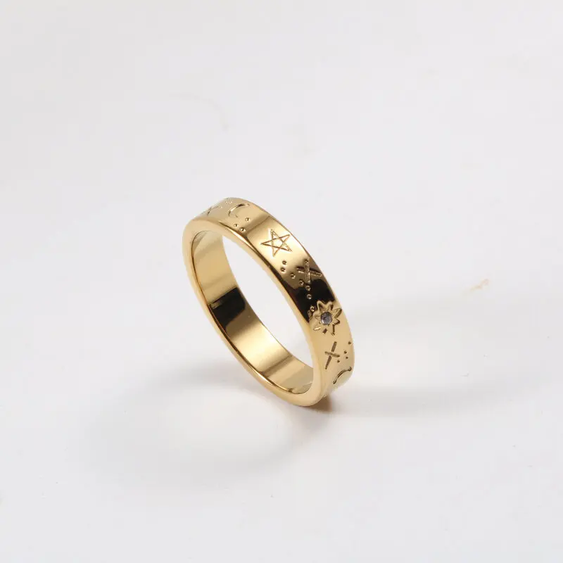 High End 18K Plain Gold Moon Star Zirconia Rings Stainless Steel Trendy Simple Gold Plated Jewelry