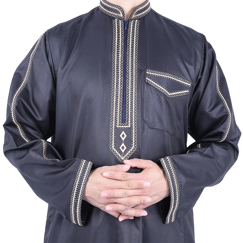 

RTS Islamic Clothing Men Thobe Long Sleeve Shiny Polyester Embroidered Muslim Thobe, Mix colors