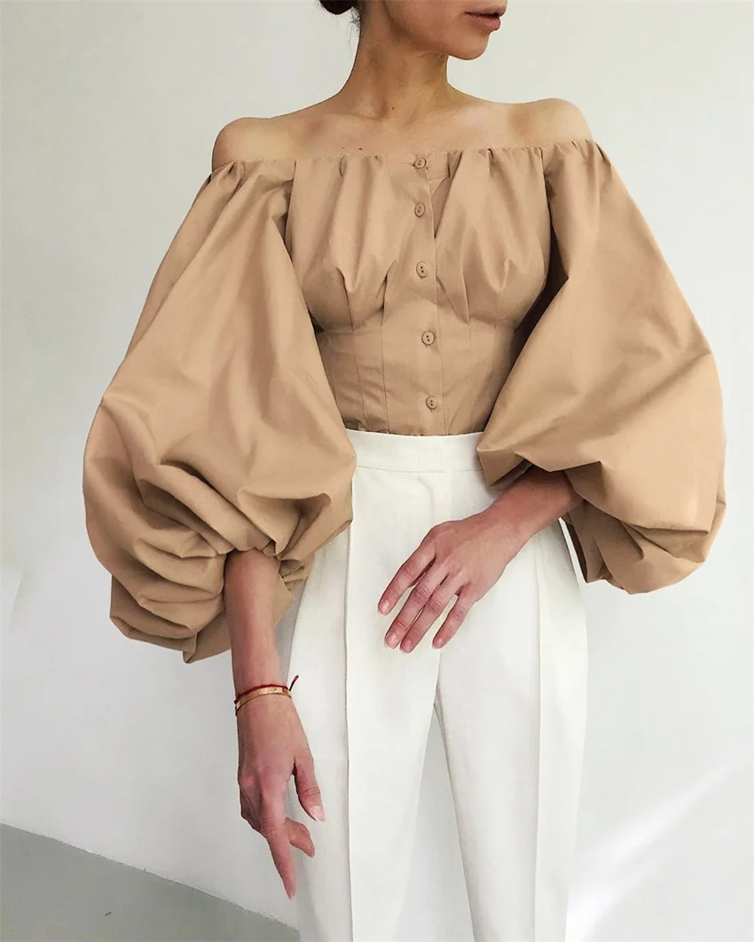 

2020 Fall New Design Woman Sexy Blouses Ladies Top Blouse Shirt Off Shoulder Top Women Clothing Puff Long Sleeve for Women 2 Pcs, White/oem