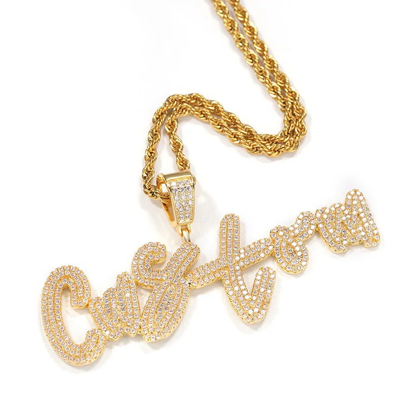 

DP New Double lows Overlapping Brush Font iced out custom Name Pendant personalized Letter CZ custom necklace jewelry, Gold silver