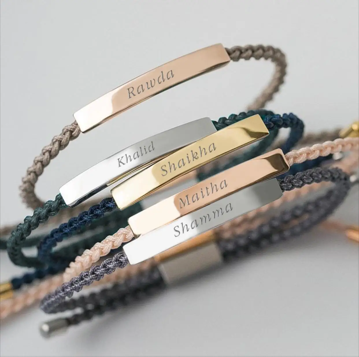 

Custom 18k Gold Plated Bar Engravable Statement Bracelets Adjustable Braided Colorful Rope Bracelet For Men Women, Picture shows