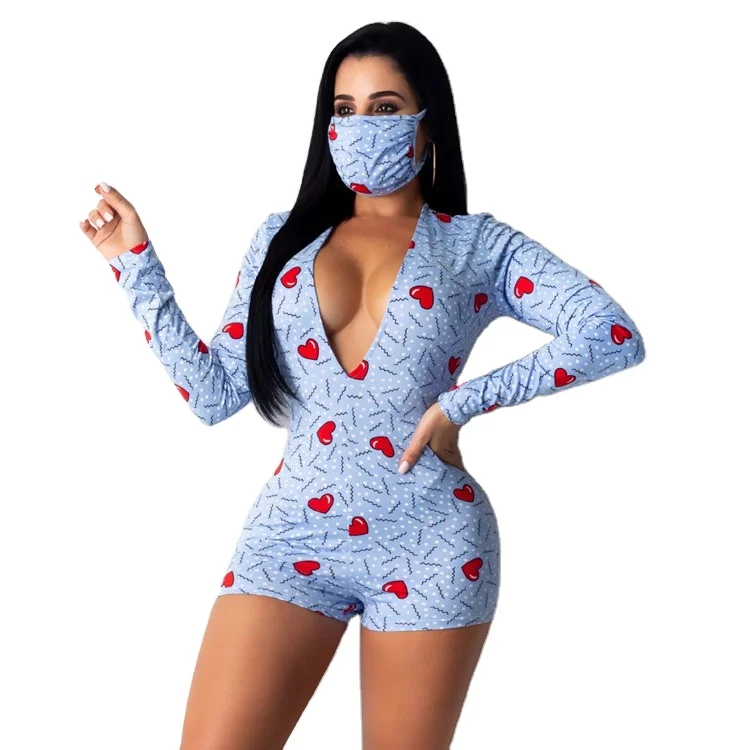 

2021 summer women clothing Fashion Leopard Star Printing Long Sleeve Ladys Sexy Deep V Tight adult Onesie Pajama, Picture shows