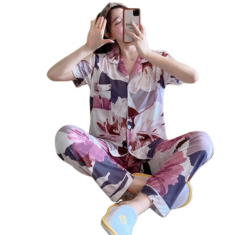 

Women's spring summer cardigan button short sleeve suit casual large size home dress two piece milk silk flower printed pajamas, Picture shows
