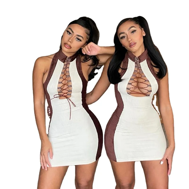 

Fall New Arrival Fashion Lace Up Sleeveless V Neck Sexy Hollow Out Party Nightclub Contrast Color Bodycon Mini Dress For Women, Picture color