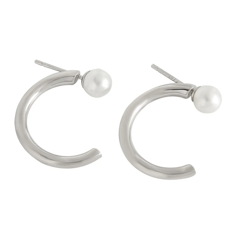 

HY-ES207 Korean version of ins niche design personality simple and cold style pearl silver ring S925 sterling silver earrings, White gold