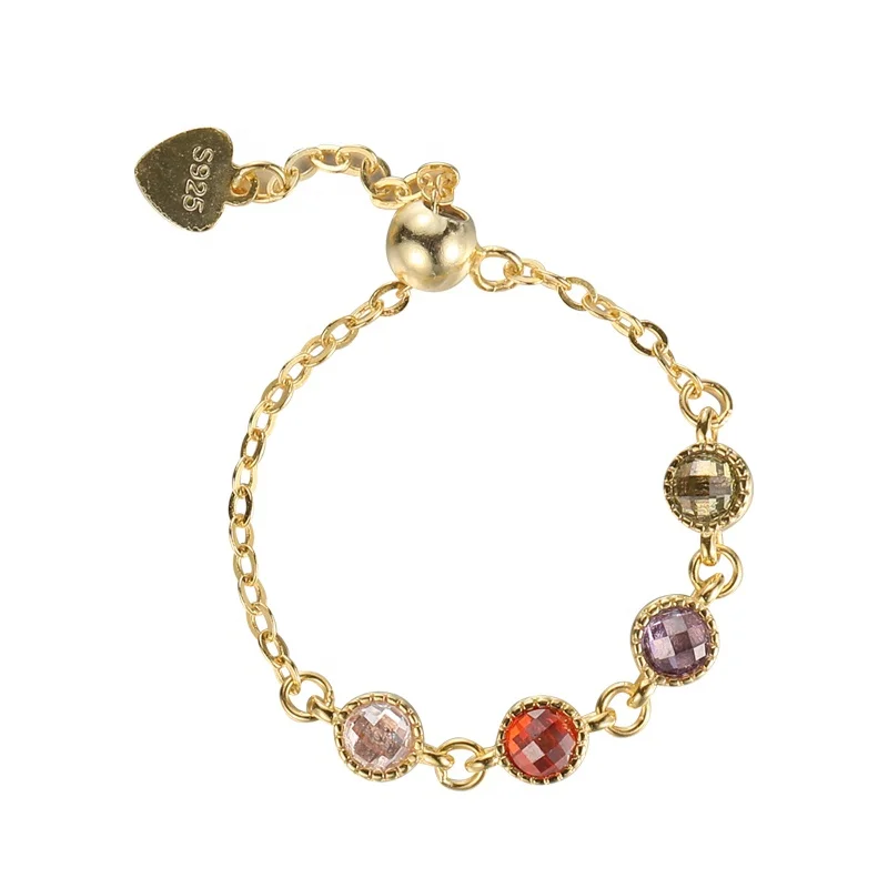 

Trendy dainty 925 silver women 18k gold plated color zircon colorful stone chain rings adjustable