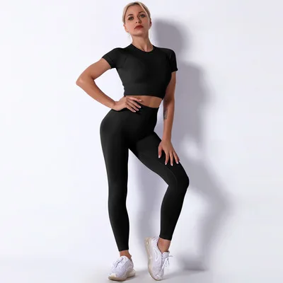 

Women Yoga Set 2Pcs Gym Leggings T-shirt Top Jacket Fitness Sportswear Tracksuit Black Leggings, Black,yellow,white etc.