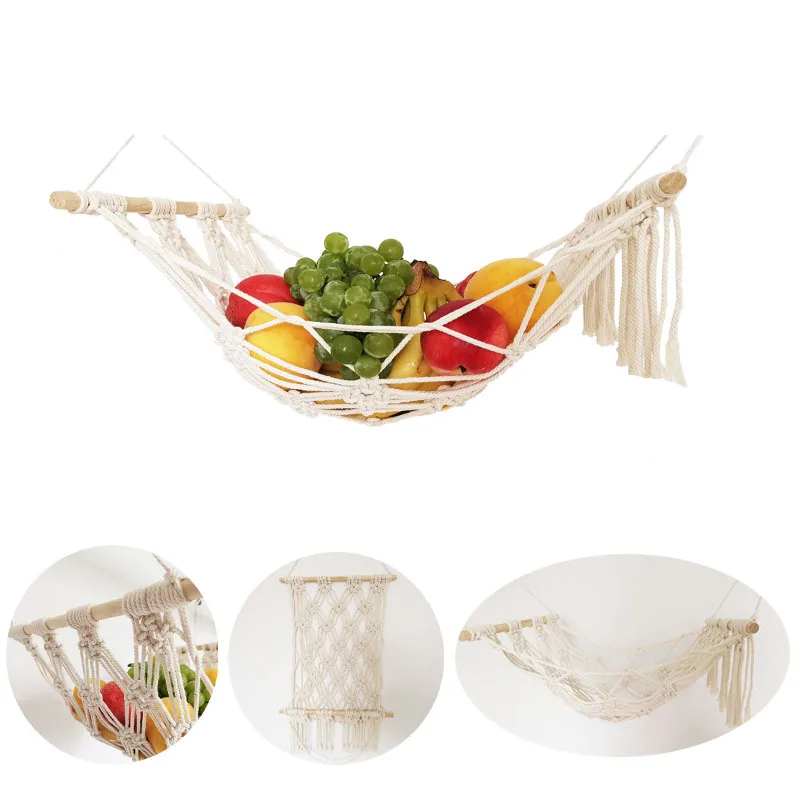 

Kitchen supplies home storage nordic handmade macrame cotton rope woven diy bag vegetable and fruit hanging basket