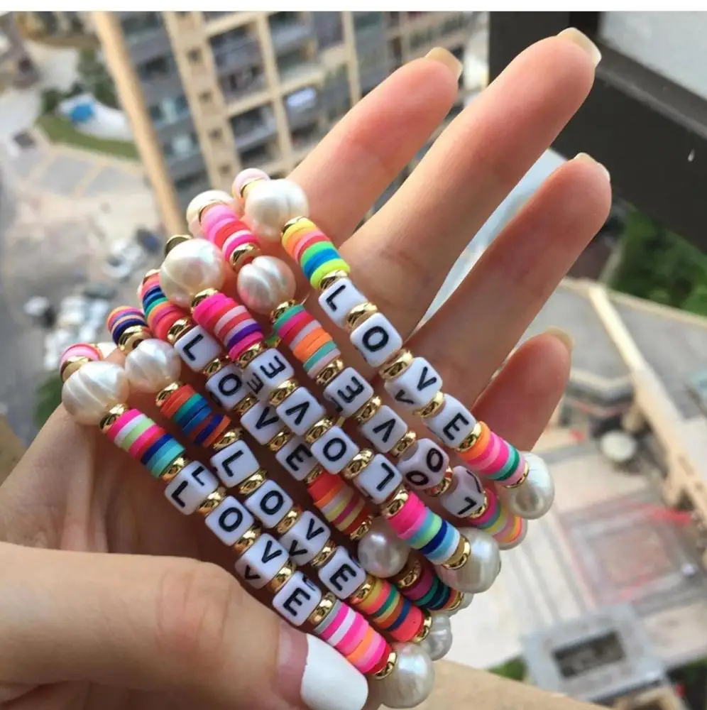 

multicolor alloy dice love acrylic letter charm bangle women polymer clay bracelet handmade stainless steel pearl bracelets, As pictures color