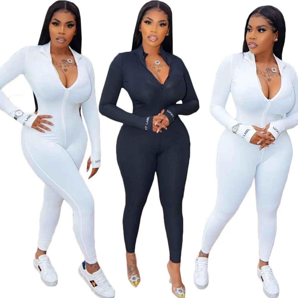 

Custom Logo Blank Spring Women Jumpsuit Long Sleeve Casual Workout Slim Stacked Ruched Zipper Black Bodycon Jumpsuits