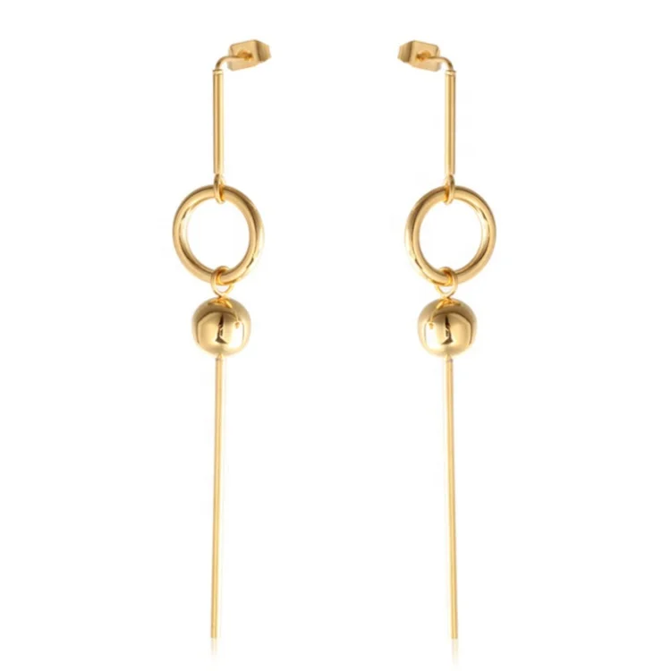 High Quality 18K Gold Plated Stainless Steel Small Circle Connection Long Drop Earrings E5432