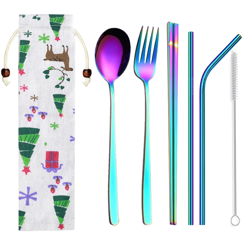 

Portable 6 Pieces Stainless Steel Cutlery Drinking Straws set Reusable Flatware Set Drinking Straw with Pouch, Silver/gold/rose gold/rainbow/black/blue