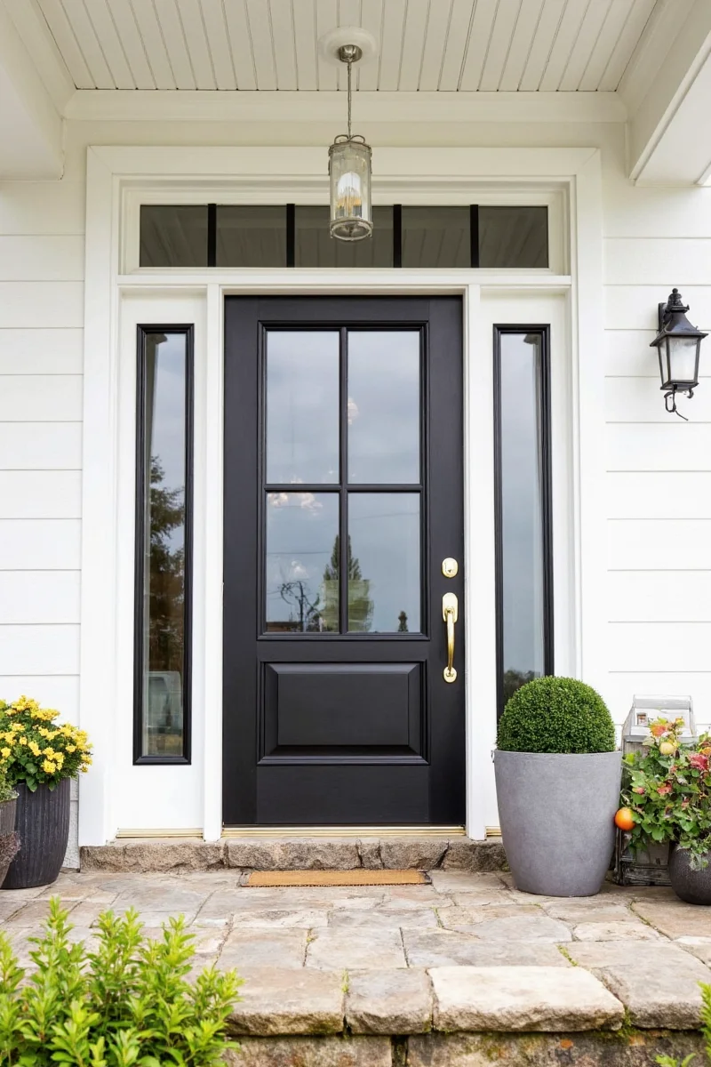 Family using wooden bench with cushion at front door