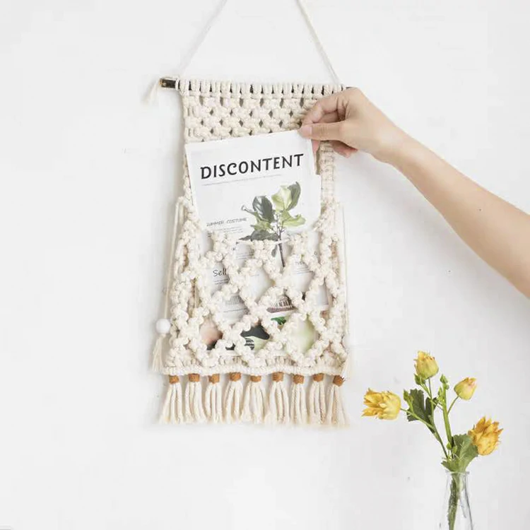 

Macrame Magazine Storage Organizer Mail Holder Wall Mount Cotton Hanging Pocket Boho Home Decor, Brown yellow white or customized color