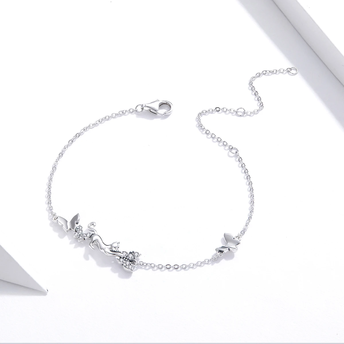 

New Product 925 Sterling Silver Design Charm Cat And Butterfly Chain Bracelet