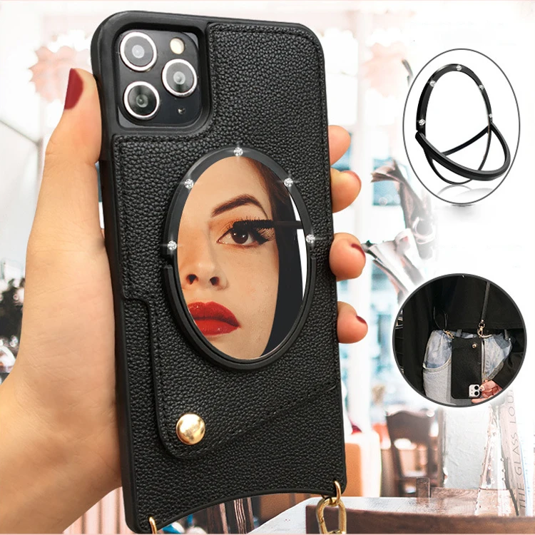 

luxury wallet diagonal lanyard leather case for IPhone 7 8 plus X XR 11 12 13 MAX PRO Mini Makeup Mirror with Stand phone case