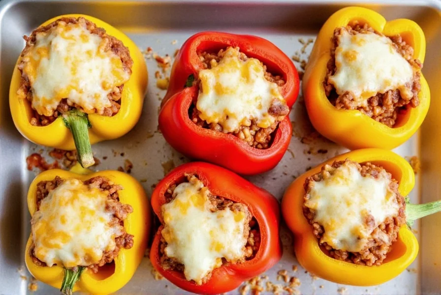 Colorful bell peppers stuffed with chili and melted cheese on baking sheet