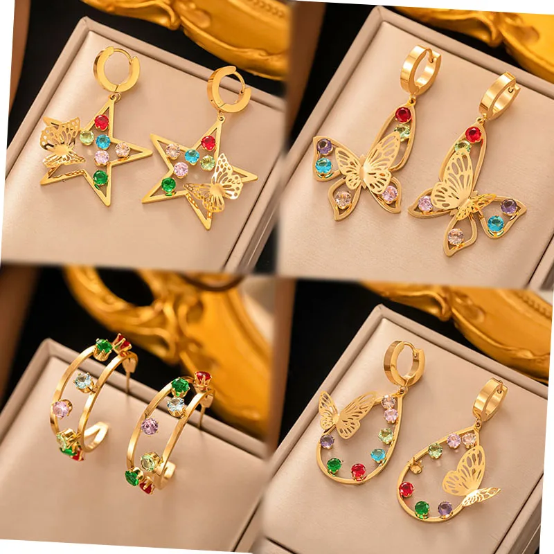 Stainless Steel Colorful Zircon Women's Party Pendant Earrings Fashion Hollow Butterfly Diamond Earrings Wholesale Jewelry