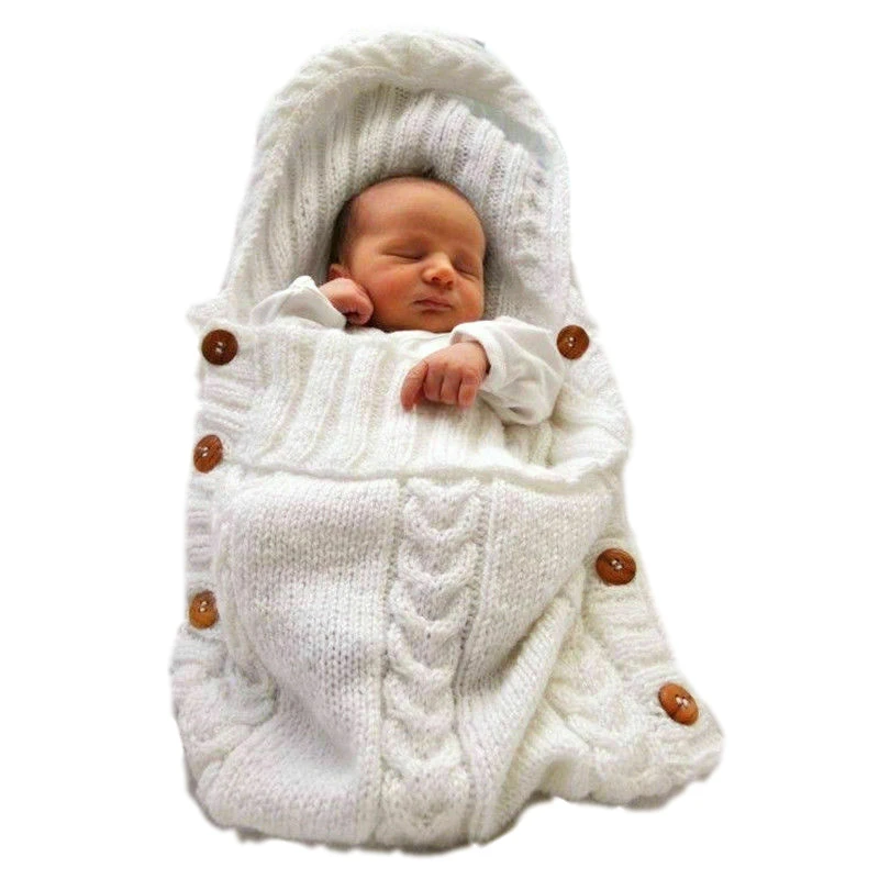 

E669 Newborn Winter Knit Hooded Swaddle Sweater Tassel Crochet Handmade Button Knitted Blanket Baby Wool Warm Sleeping Bags, As pic