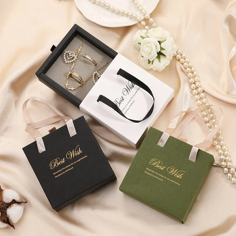 Custom LogoLuxury Hot Stamping White Printed Sliding Drawer Paper Box Sets Jewelry Packaging Boxes With Handles