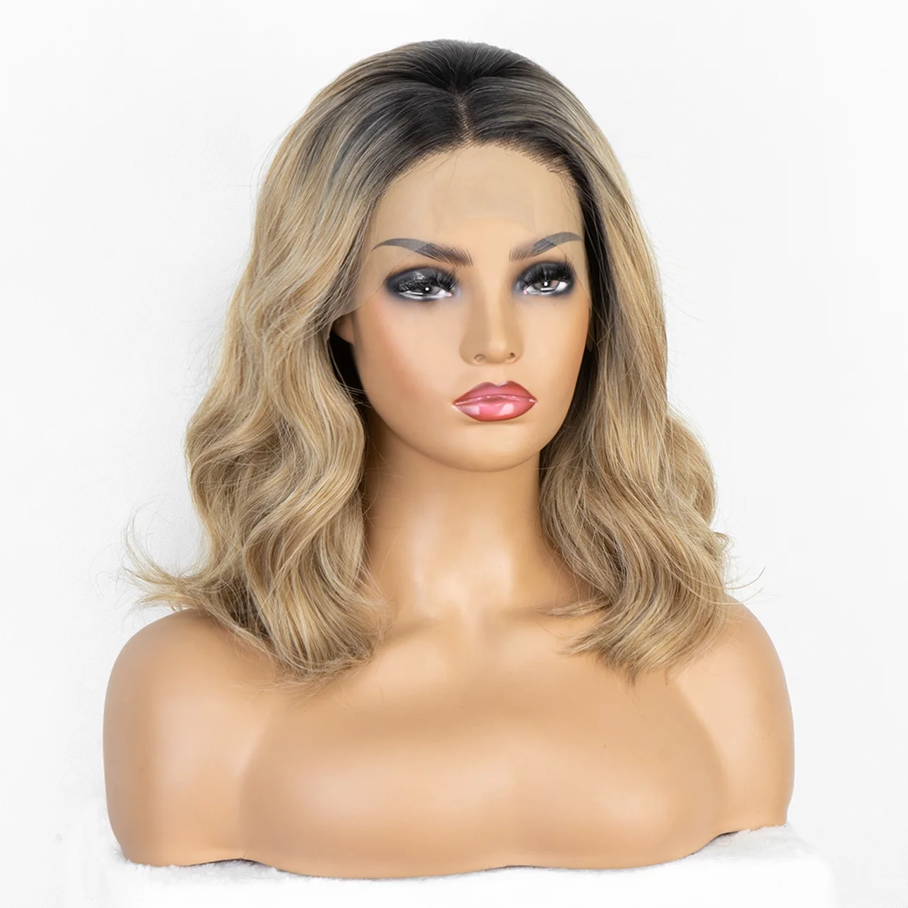 

Aliblisswig 14" Wavy Middle Part Heat Friendly Fiber Hair Dark Root 2 Tone Ombre Brown Short Bob 13*3 Synthetic Lace Front Wig