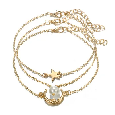 

Boho New Golden Pentagram Moon Pearl Anklet Multi Layers Star Foot Accessories for Lady