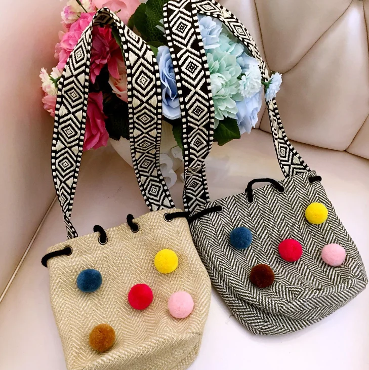 

Hot Brand New Oval Bucket Drawstring Linen Woven Bag for children women