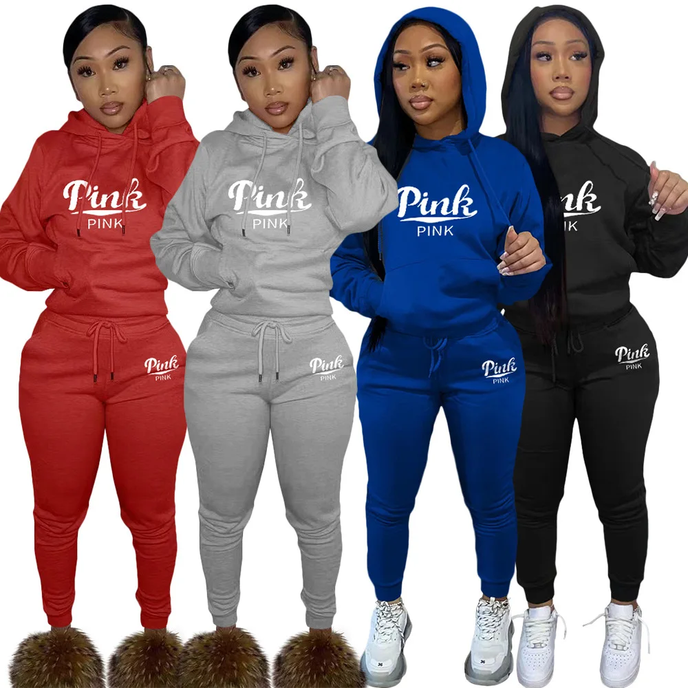 

Embroidery Pink Two Piece Set Tracksuit Women Sweatpants Plus Size Hoodie Pullover Sweatsuit Fall winter Femme Track Suit