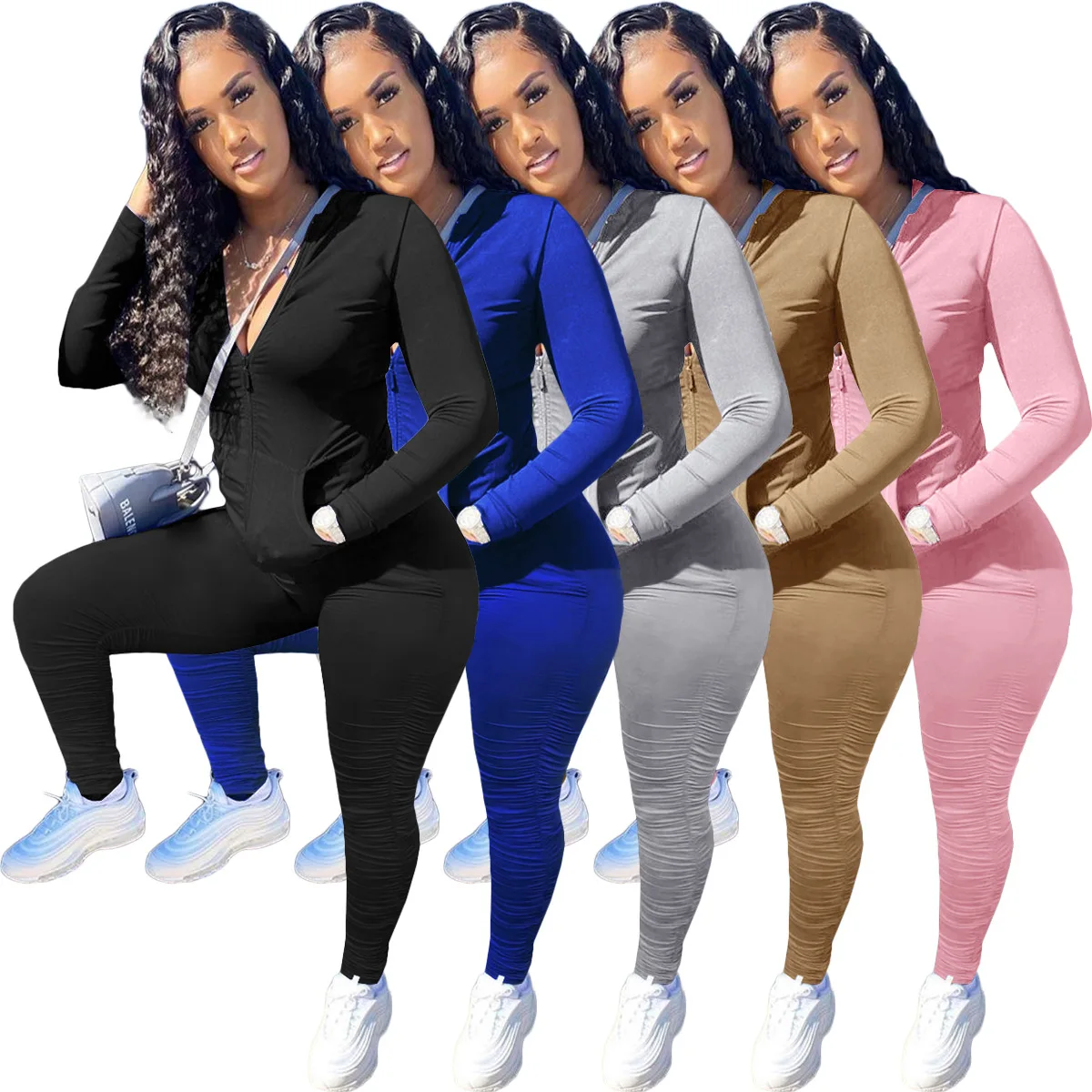 

Free Shipping In Stock Women Biker Sets 2 Piece Set Zipper Hoodie Women Two Piece Set Clothing, 5 colors