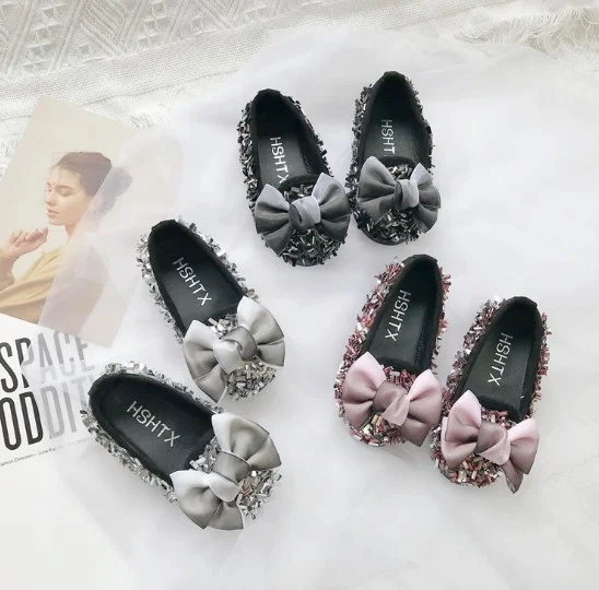 

New Arrivals Baby Children Girl Shining Princess Shoes for Spring Autumn Season Bow Design, Black, pink, silver